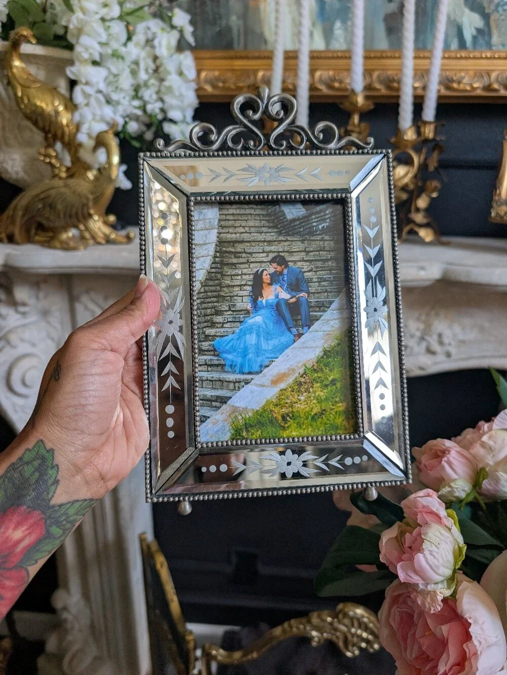 Vintage Ornate Italian Venetian-style mirrored tabletop picture frame,  hand-etc